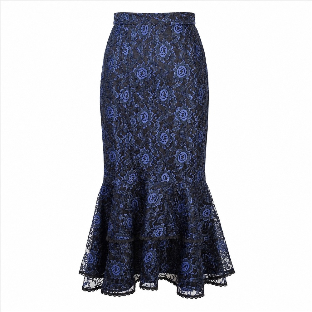Vintage Gunne Sax Jessica McClintock Black‎ Blue Lace Tiered Back Pencil Skirt